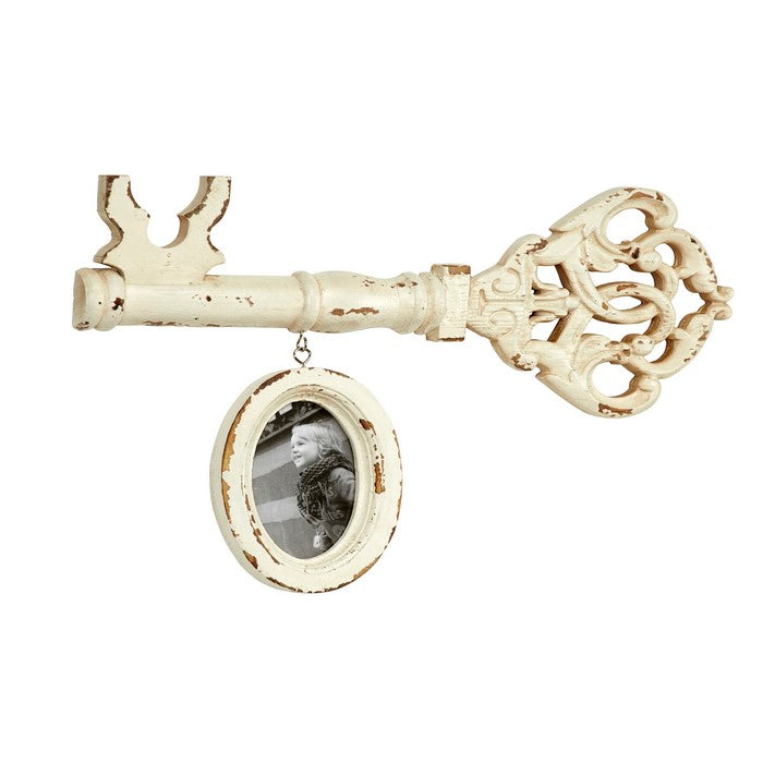 Key Wooden Wall Decor with Oval Frame and Distressed Details,Antique White