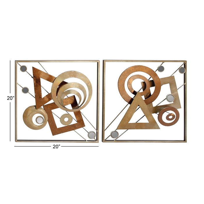 Square Metal Wall Decor with Geometric Design, Assortment of 2, Bronze