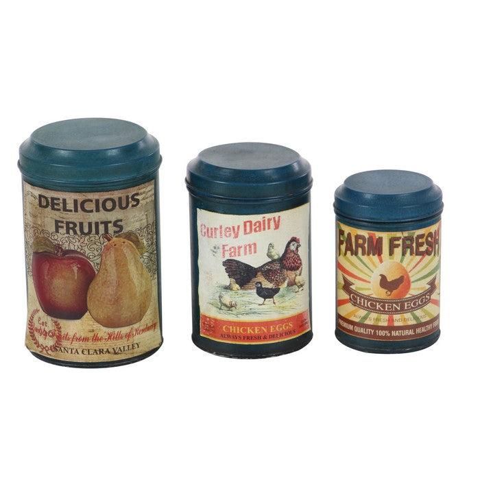 Round Metal Canister with Vintage Illustration and Lid, Set of 3, Blue