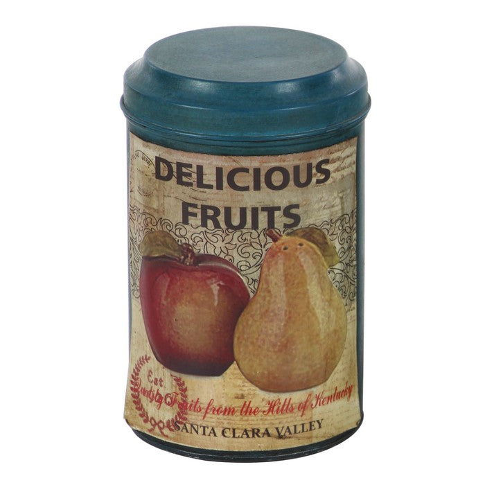 Round Metal Canister with Vintage Illustration and Lid, Set of 3, Blue