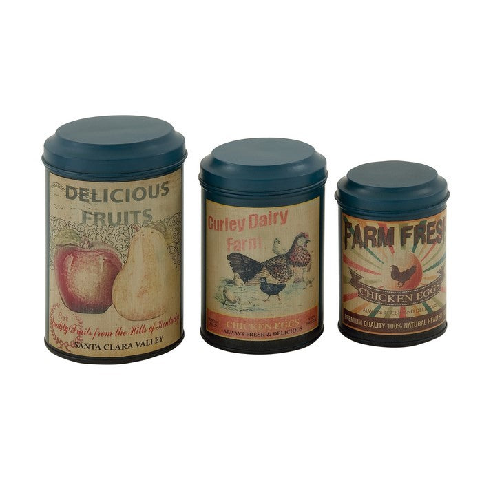 Round Metal Canister with Vintage Illustration and Lid, Set of 3, Blue