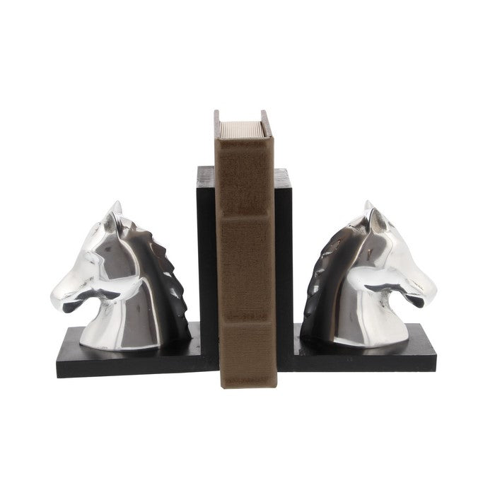 L Shaped Design Aluminum Horse Bookends, Silver and Black