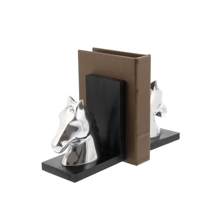 L Shaped Design Aluminum Horse Bookends, Silver and Black