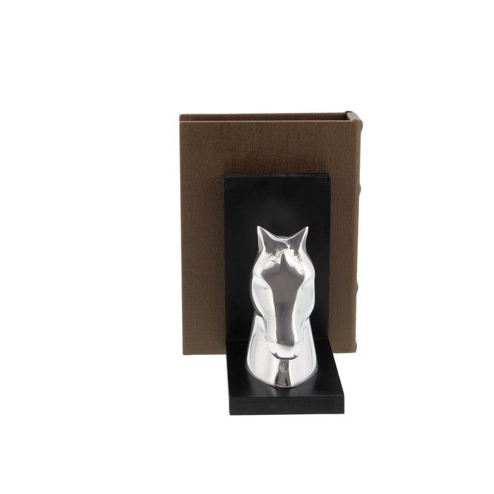 L Shaped Design Aluminum Horse Bookends, Silver and Black