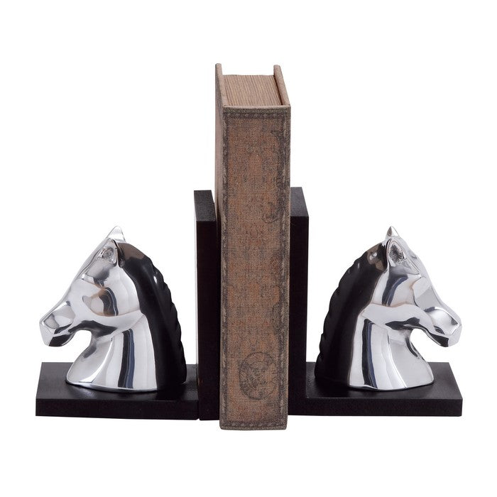 L Shaped Design Aluminum Horse Bookends, Silver and Black