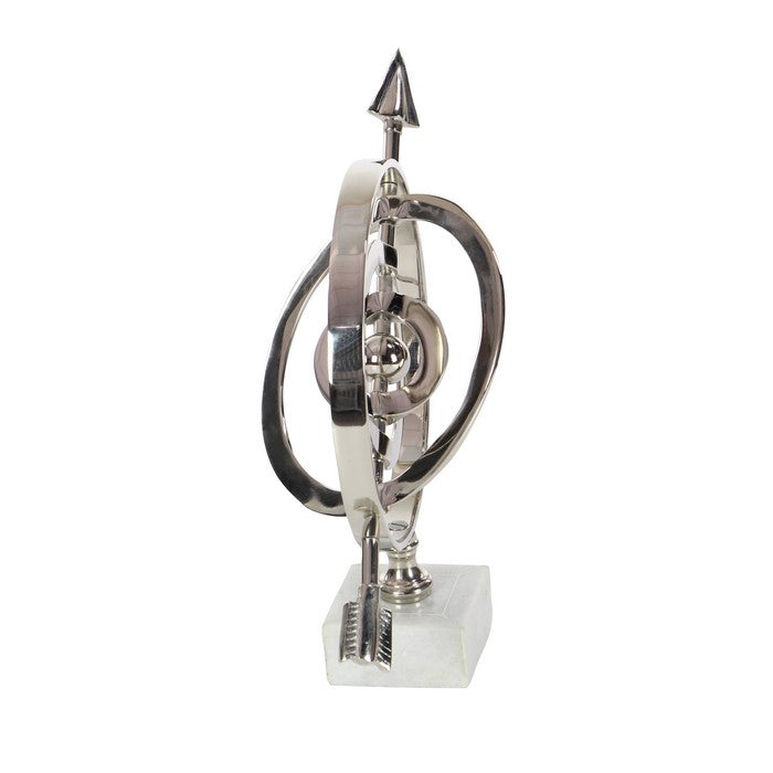 Metal Armillary Sphere with Arrow and Ceramic Base, Silver