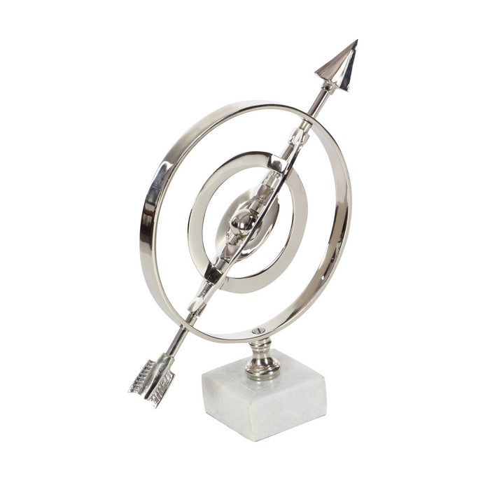 Metal Armillary Sphere with Arrow and Ceramic Base, Silver