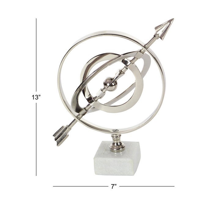Metal Armillary Sphere with Arrow and Ceramic Base, Silver