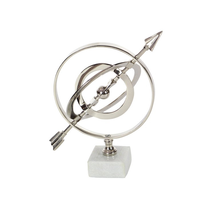Metal Armillary Sphere with Arrow and Ceramic Base, Silver