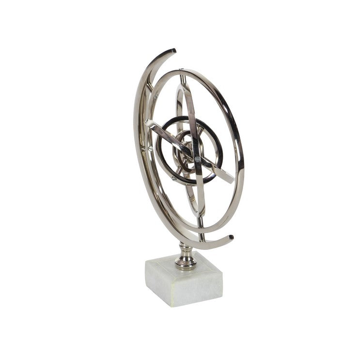 Metal Armillary Sphere with Concentric Circles and Ceramic Base, Silver