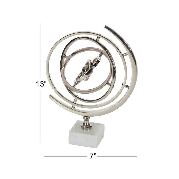 Metal Armillary Sphere with Concentric Circles and Ceramic Base, Silver