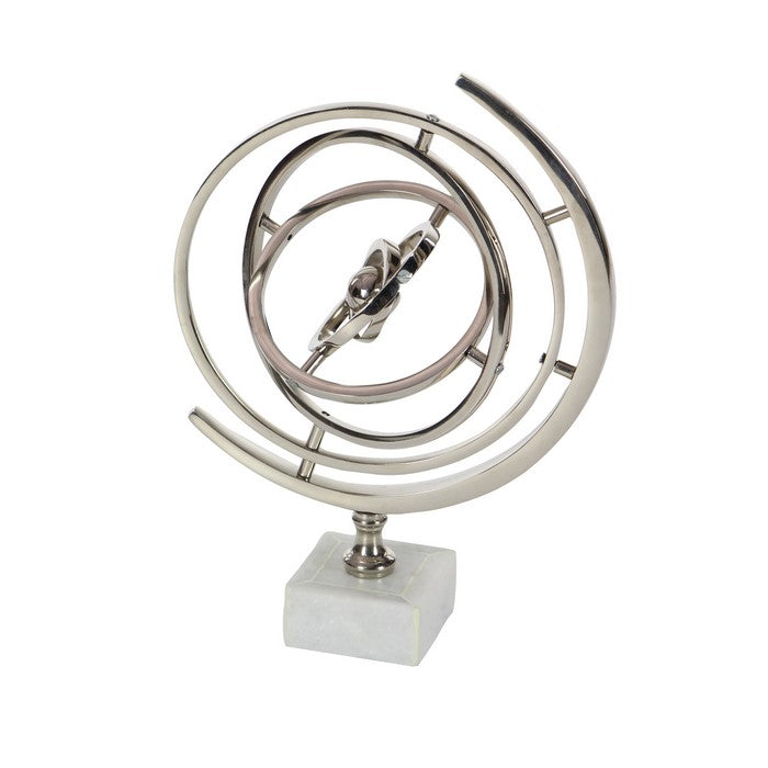 Metal Armillary Sphere with Concentric Circles and Ceramic Base, Silver