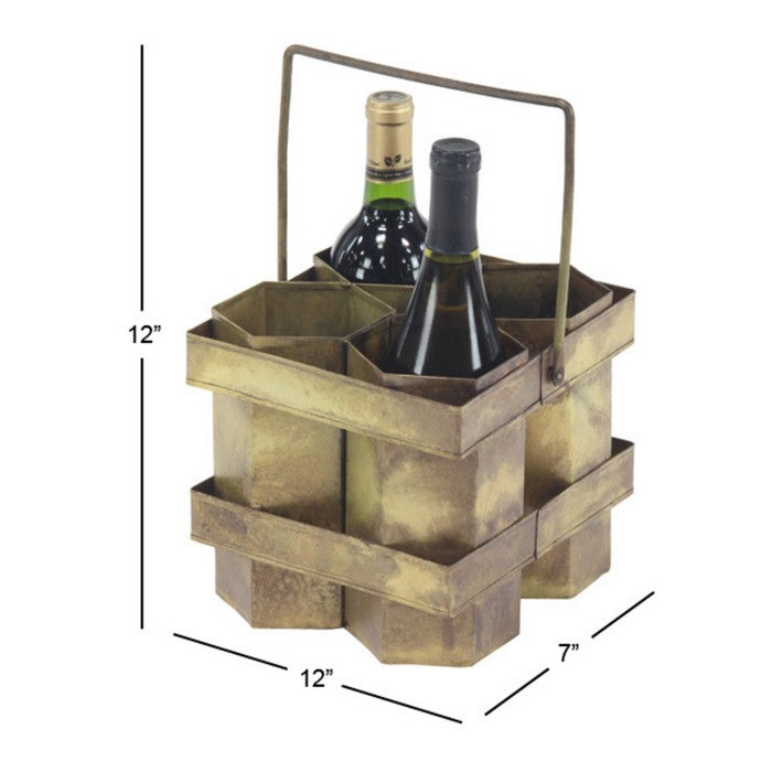 Metal Wine Holder with 4 Hexagonal Shaped Slots, Brass