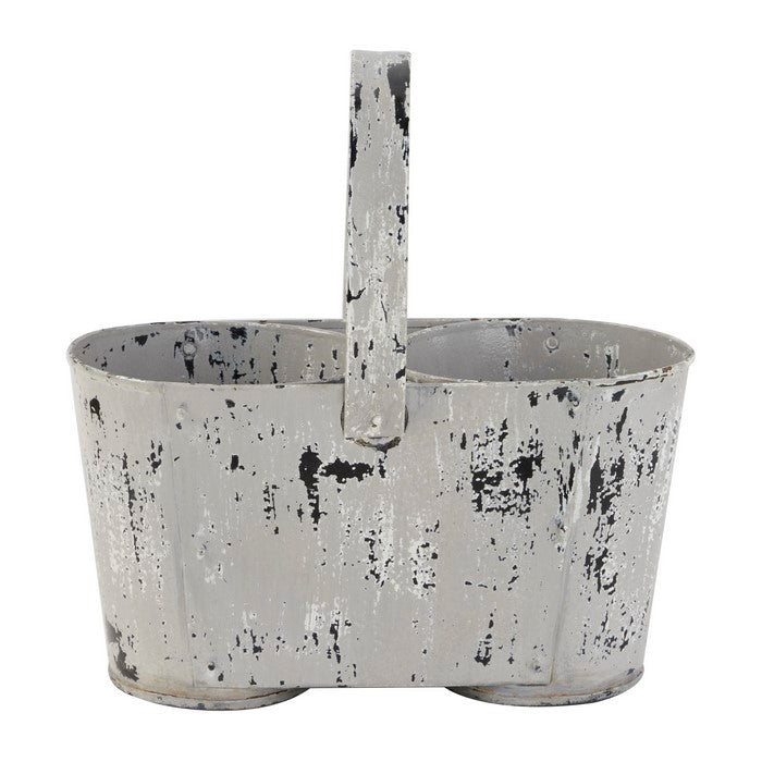 Farmhouse Style Distressed White Metal Planter with Handle and 2 Pots,White