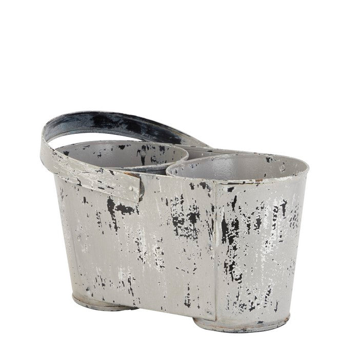 Farmhouse Style Distressed White Metal Planter with Handle and 2 Pots,White