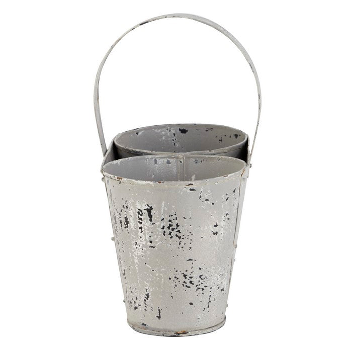 Farmhouse Style Distressed White Metal Planter with Handle and 2 Pots,White