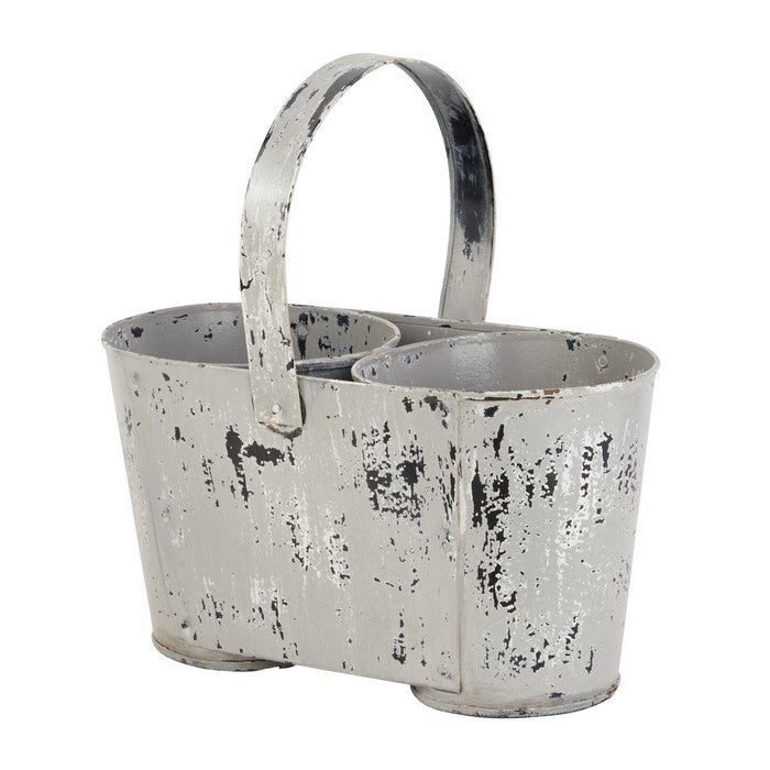 Farmhouse Style Distressed White Metal Planter with Handle and 2 Pots,White