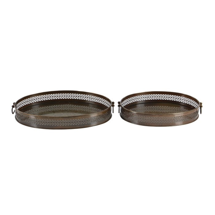 Oval Shaped Metal Trays with Open Lattice Design Frame, Set of 2, Brown