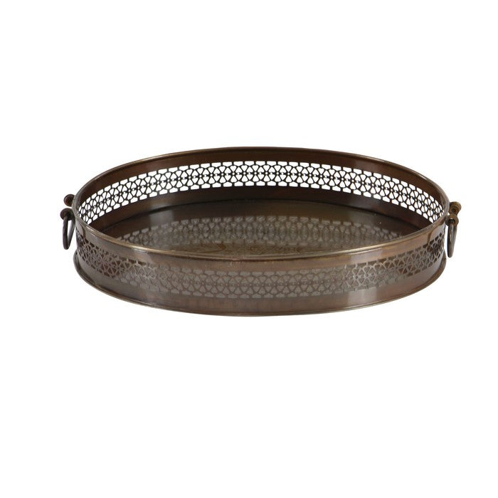 Oval Shaped Metal Trays with Open Lattice Design Frame, Set of 2, Brown