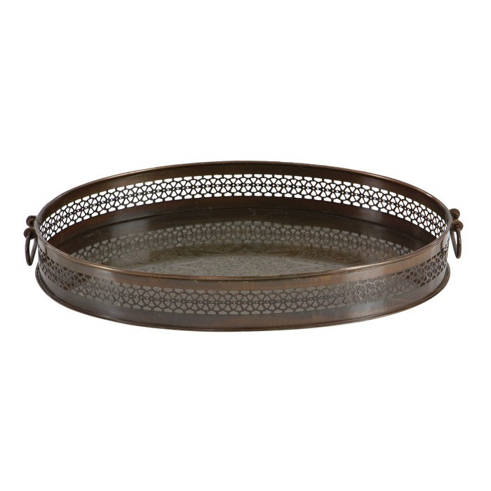 Oval Shaped Metal Trays with Open Lattice Design Frame, Set of 2, Brown