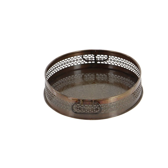 Oval Shaped Metal Trays with Open Lattice Design Frame, Set of 2, Brown
