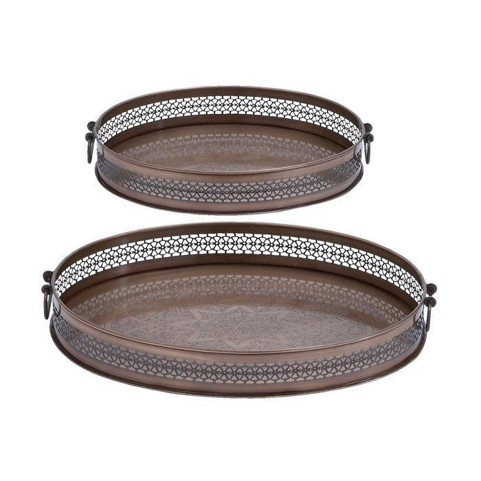Oval Shaped Metal Trays with Open Lattice Design Frame, Set of 2, Brown
