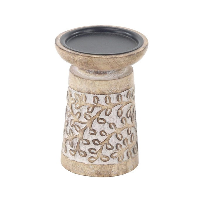 Wooden Round Top Candle Holder with Engraved Floral Design, Set of 3, Brown