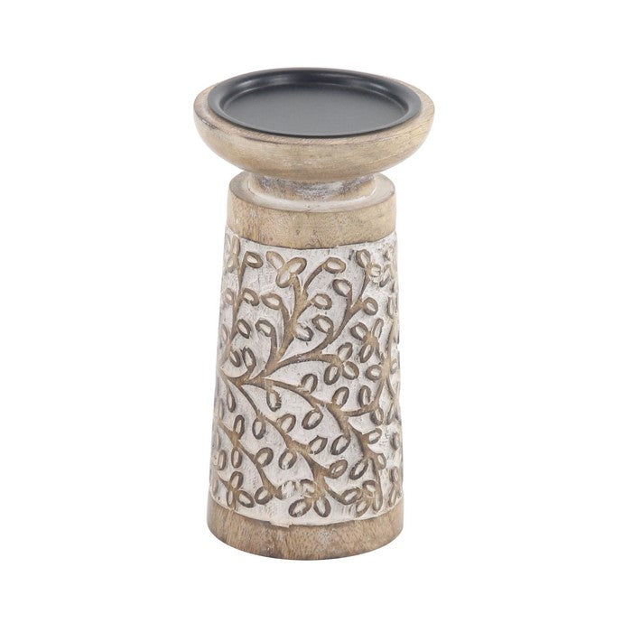 Wooden Round Top Candle Holder with Engraved Floral Design, Set of 3, Brown
