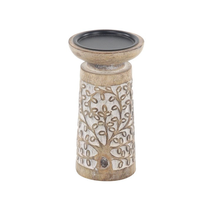 Wooden Round Top Candle Holder with Engraved Floral Design, Set of 3, Brown