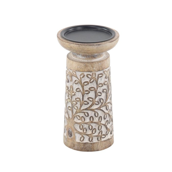 Wooden Round Top Candle Holder with Engraved Floral Design, Set of 3, Brown