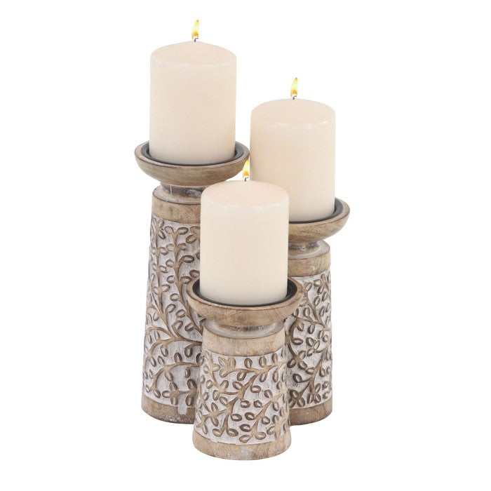 Wooden Round Top Candle Holder with Engraved Floral Design, Set of 3, Brown