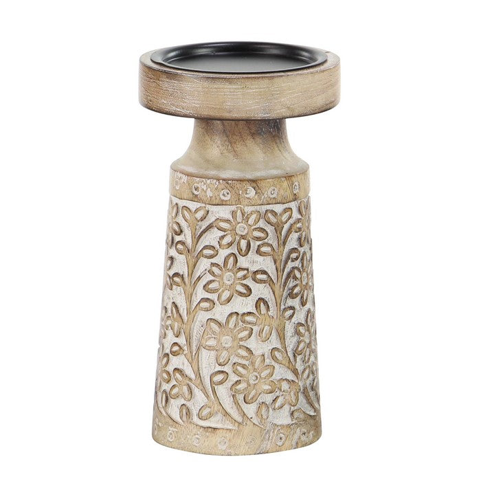 10 Inch Round Top Candle Holder with Engraved Floral Design, Set of 3,Brown