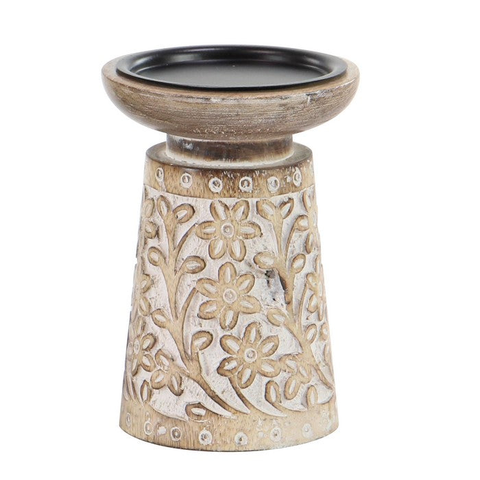 10 Inch Round Top Candle Holder with Engraved Floral Design, Set of 3,Brown