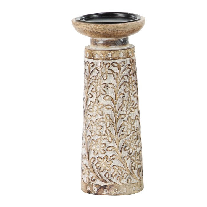 10 Inch Round Top Candle Holder with Engraved Floral Design, Set of 3,Brown