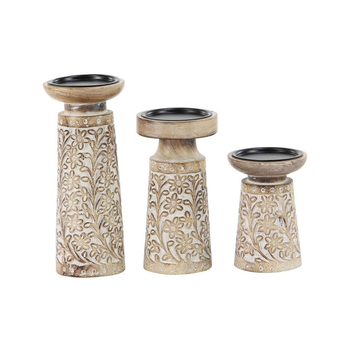 10 Inch Round Top Candle Holder with Engraved Floral Design, Set of 3,Brown
