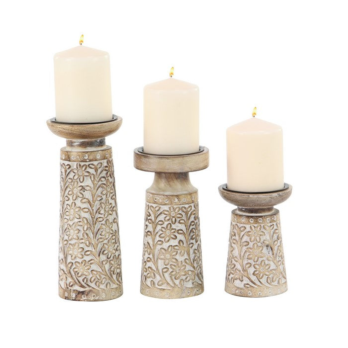 10 Inch Round Top Candle Holder with Engraved Floral Design, Set of 3,Brown