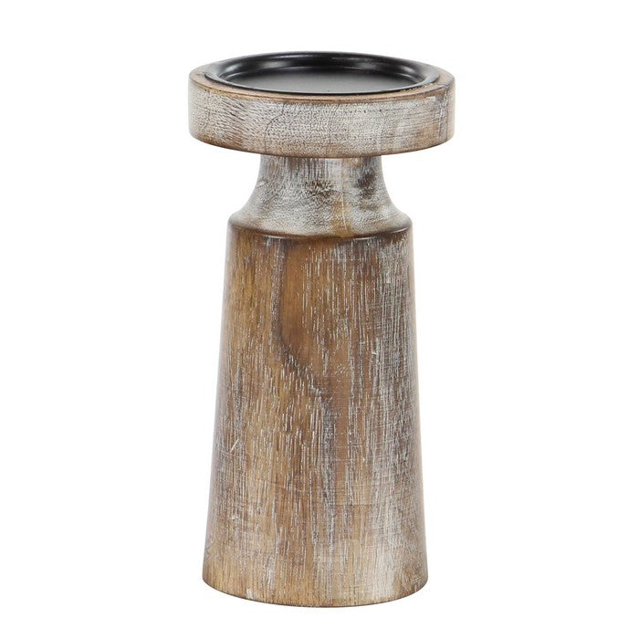 Wooden Round Candle Holder with Pedestal Stand, Set of 3, Distressed Brown