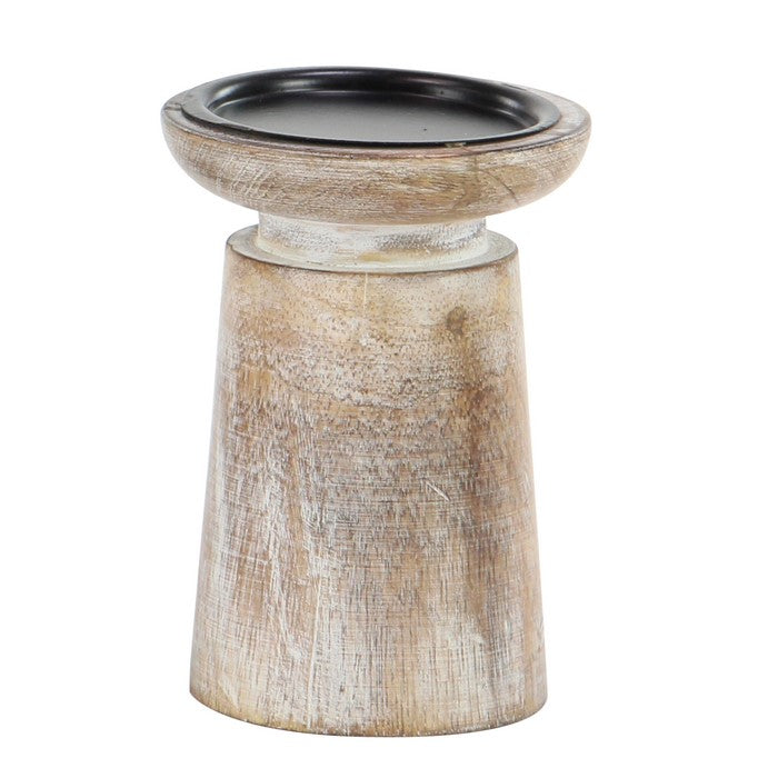 Wooden Round Candle Holder with Pedestal Stand, Set of 3, Distressed Brown