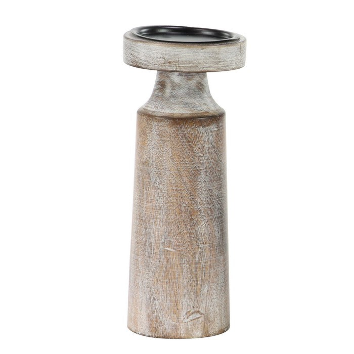 Wooden Round Candle Holder with Pedestal Stand, Set of 3, Distressed Brown