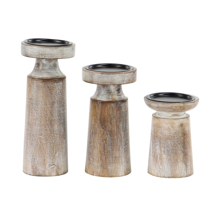 Wooden Round Candle Holder with Pedestal Stand, Set of 3, Distressed Brown