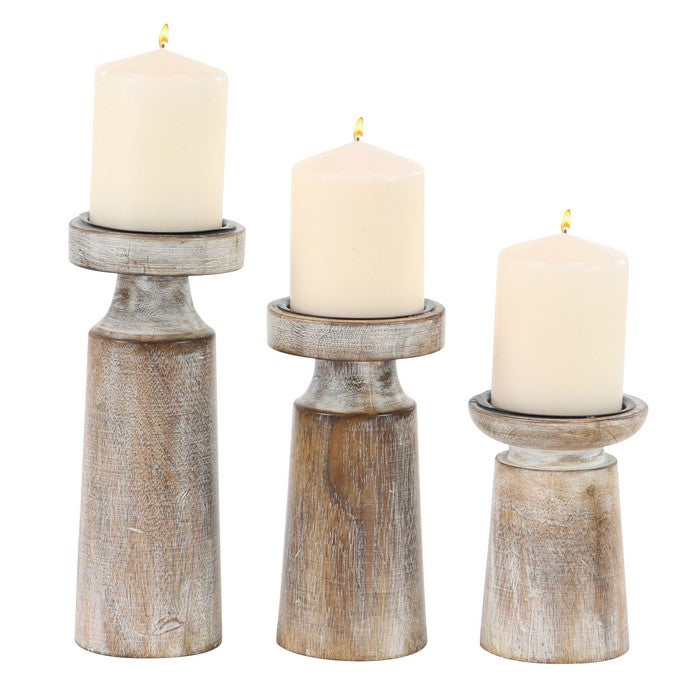 Wooden Round Candle Holder with Pedestal Stand, Set of 3, Distressed Brown