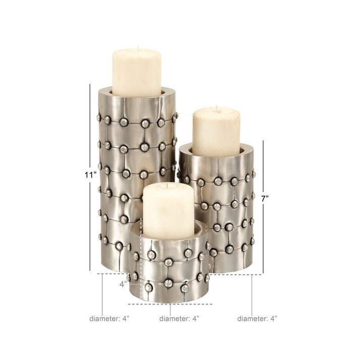 Metal Round Shape Candle Holder with Studded Accents, Set of 3, Silver