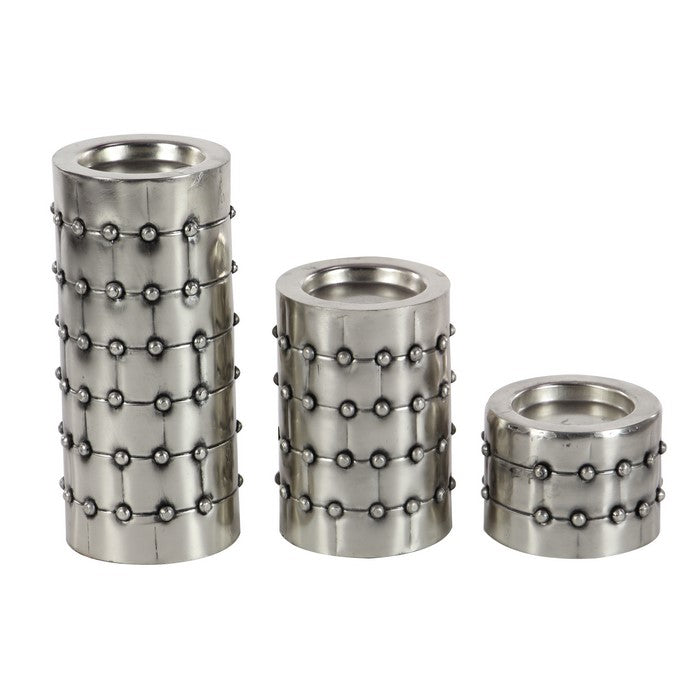 Metal Round Shape Candle Holder with Studded Accents, Set of 3, Silver