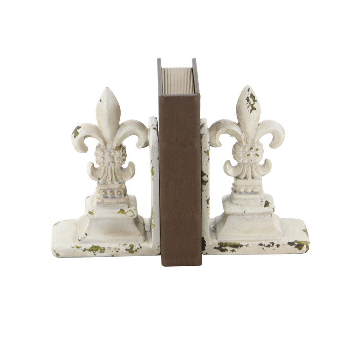Polystone Fleur De Lis Bookends with Distressed Detail, Antique White