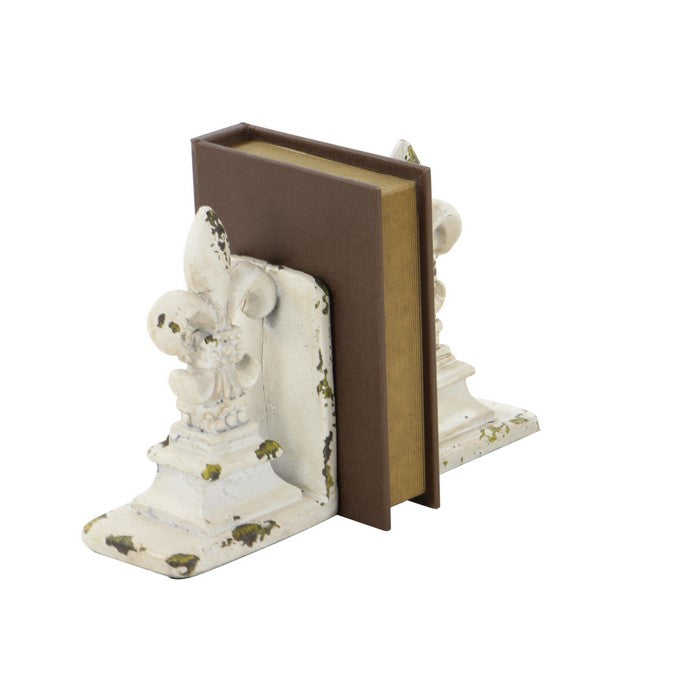 Polystone Fleur De Lis Bookends with Distressed Detail, Antique White