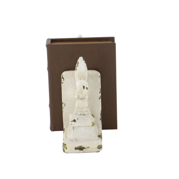 Polystone Fleur De Lis Bookends with Distressed Detail, Antique White