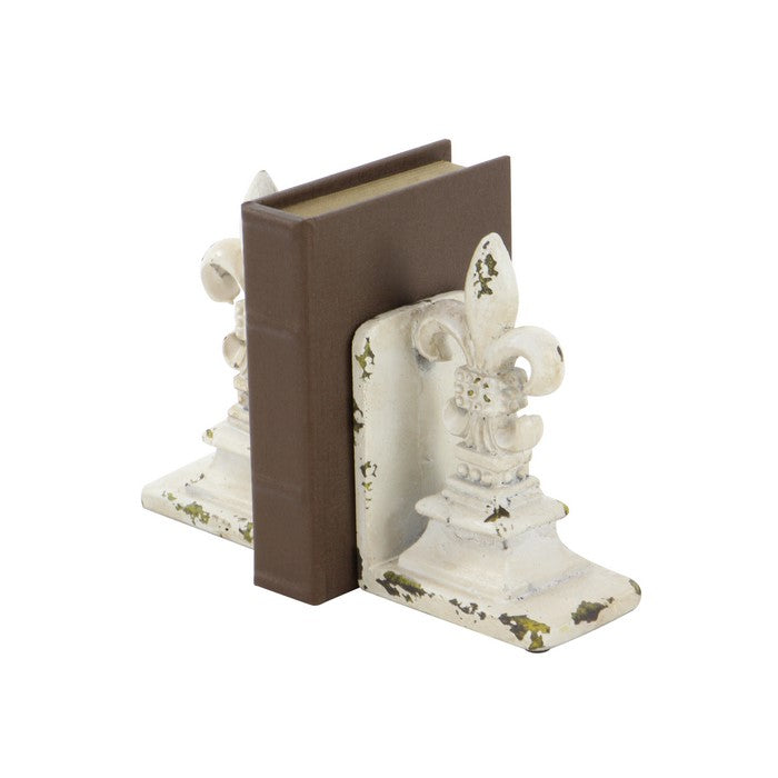 Polystone Fleur De Lis Bookends with Distressed Detail, Antique White