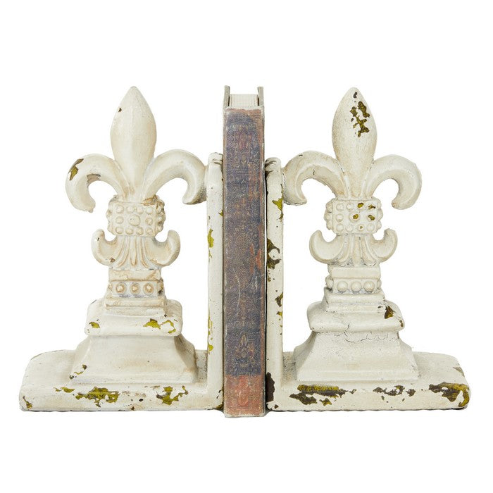 Polystone Fleur De Lis Bookends with Distressed Detail, Antique White