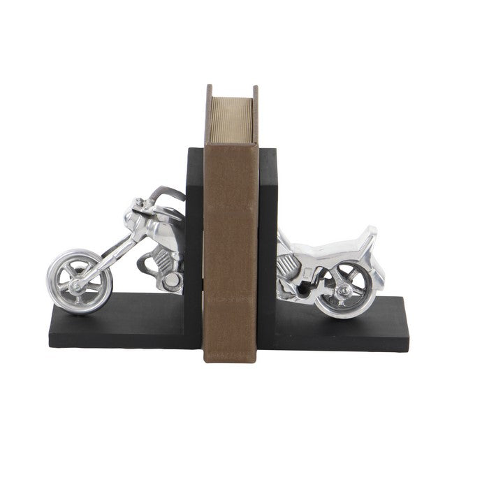 Wooden L Shaped Bookend with Metal Motorbike Sculpture, Black