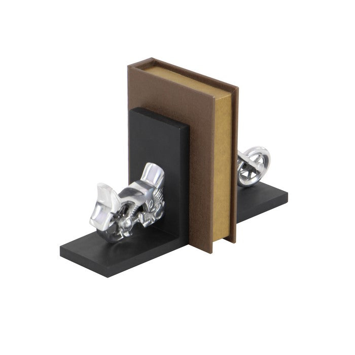 Wooden L Shaped Bookend with Metal Motorbike Sculpture, Black